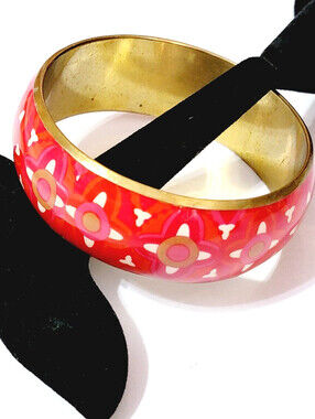 Vintage Red Bracelet Bangle Brass Lucite Inlay Colorful Jewelry Tribal bn-2